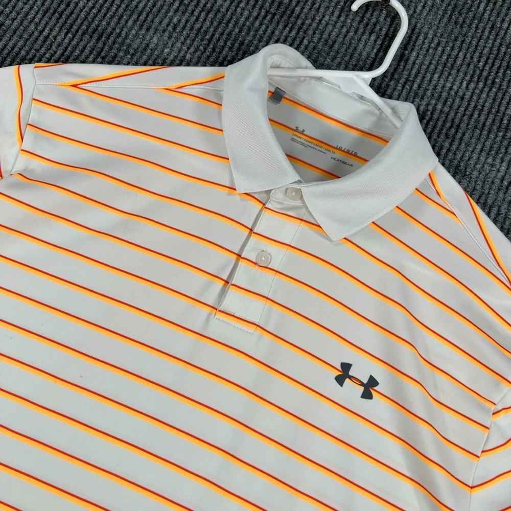 Under Armour HeatGear Polo Shirt Mens Large White Striped Short Sleeve Golf